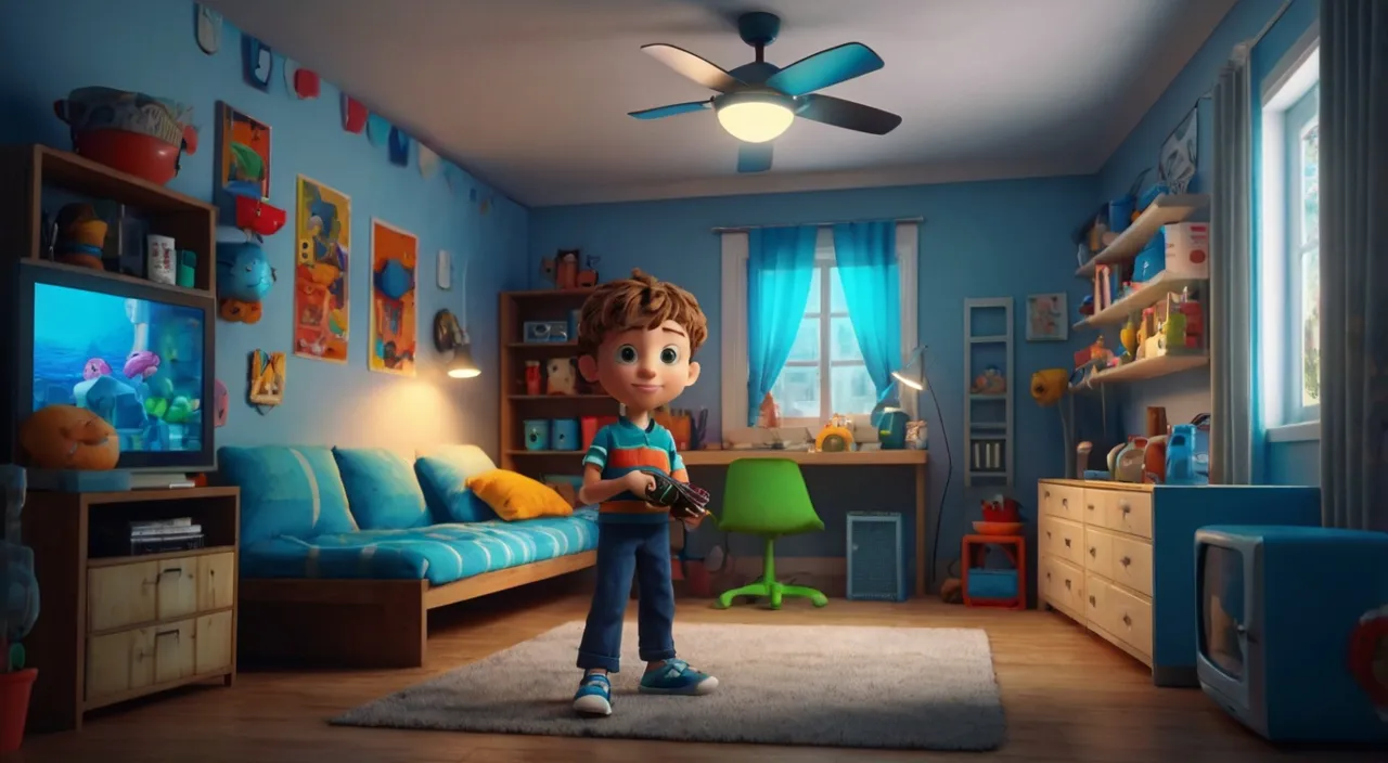 a boy standing in a room with a television