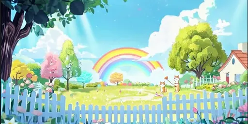 a cartoon scene with a rainbow in the sky