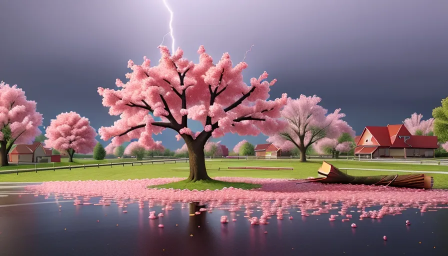 a painting of a tree with pink flowers in the foreground