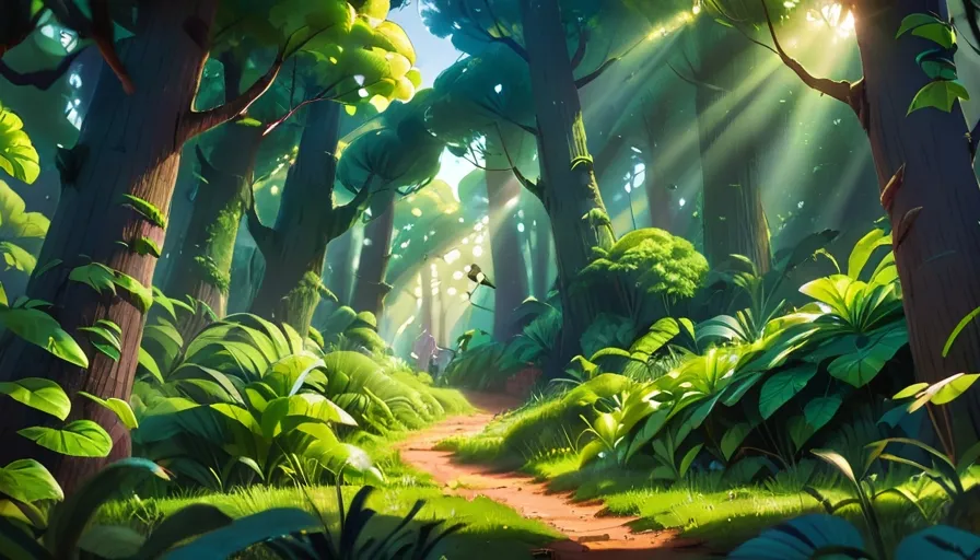 a painting of a path through a lush green forest