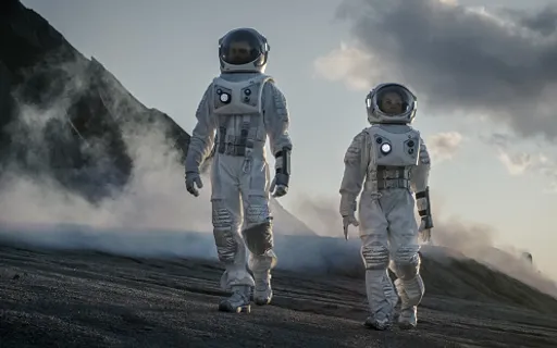 two astronauts walking down a dirt road towards a mountain