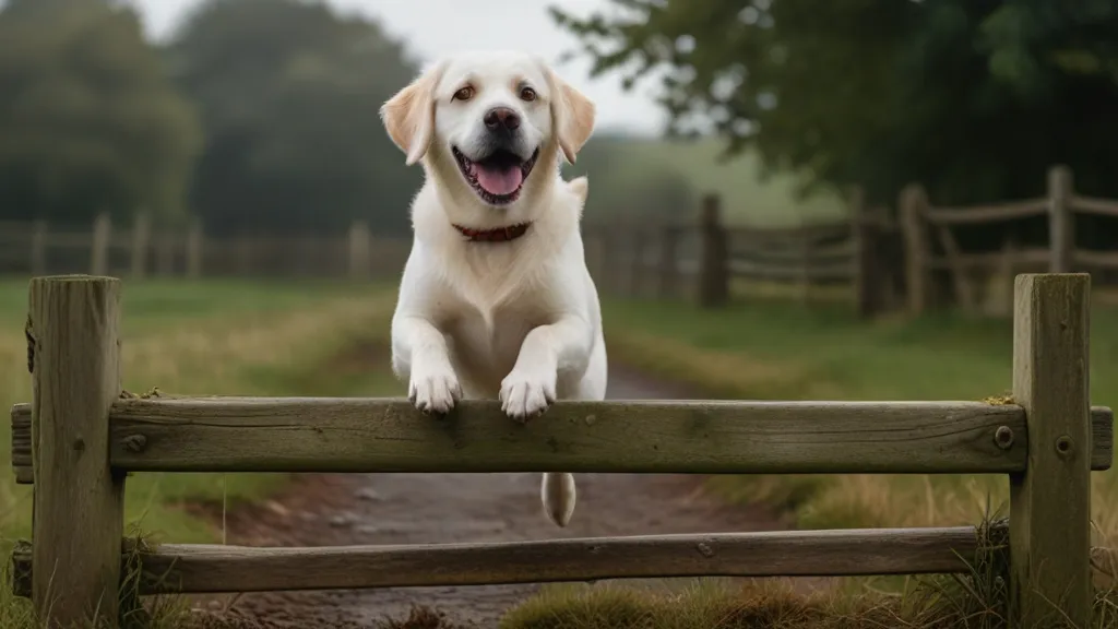 a dog that is jumping over a fence