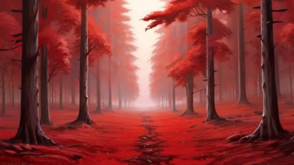 a painting of a red forest with trees