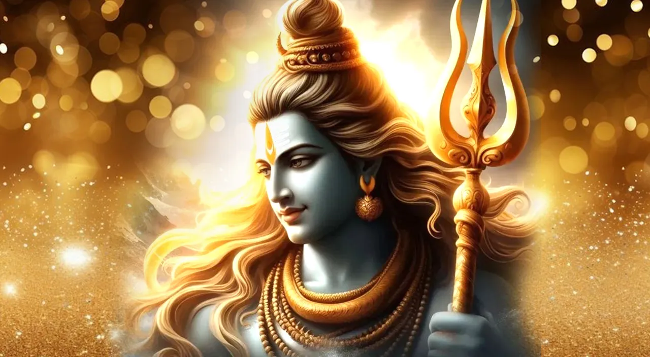 Create a god shiva with a golden background, 8k, size of 1920x1080, colorful
