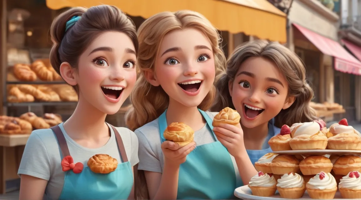 a group of three women standing next to each other were eating pastries