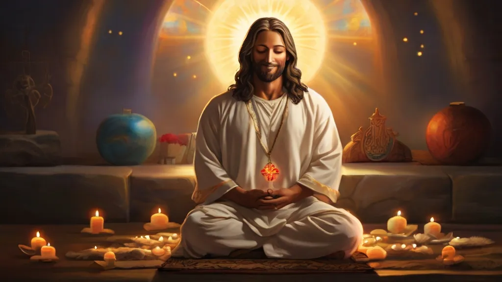 a painting of jesus sitting in a meditation position surrounded by candles