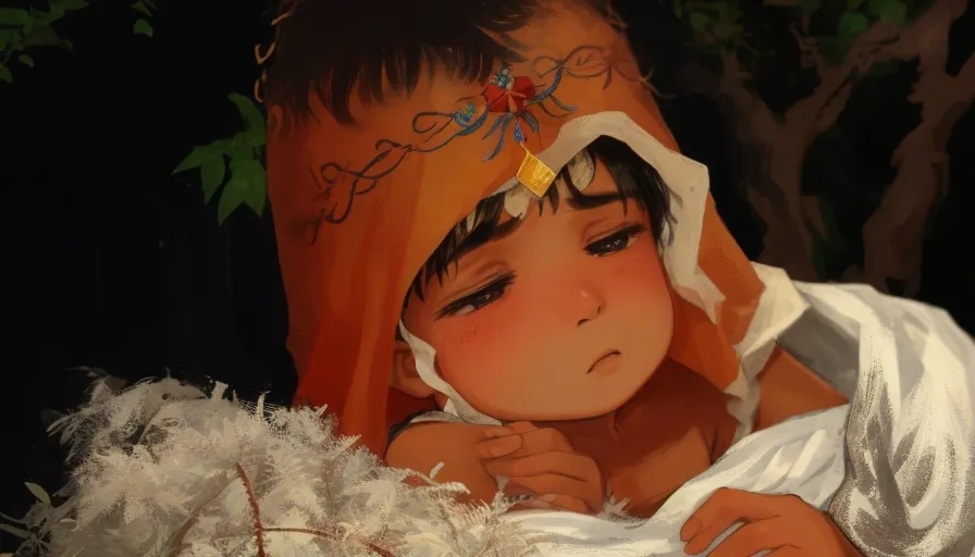 a little boy wrapped in a white cloth, sleeping under a tree in North Indian jungle, Anime