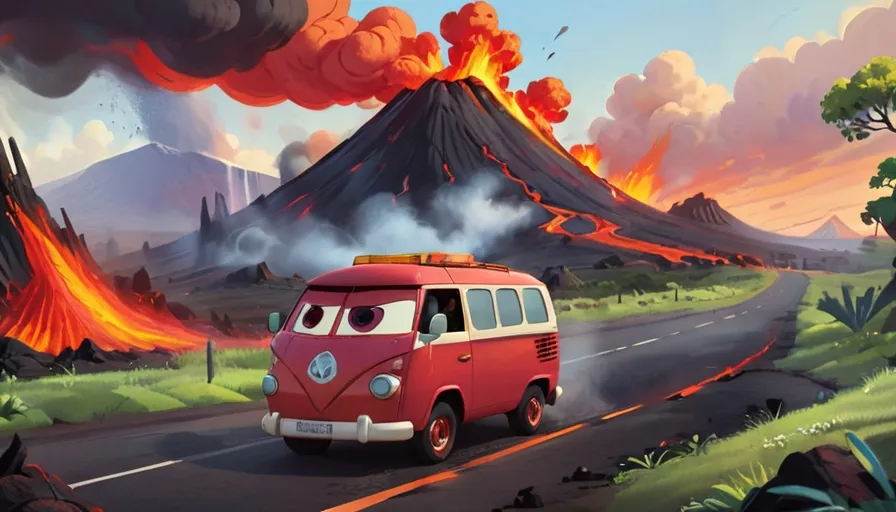 a red van driving down a road next to a volcano