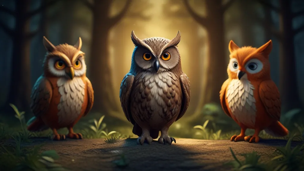 three owls are standing in the middle of a forest