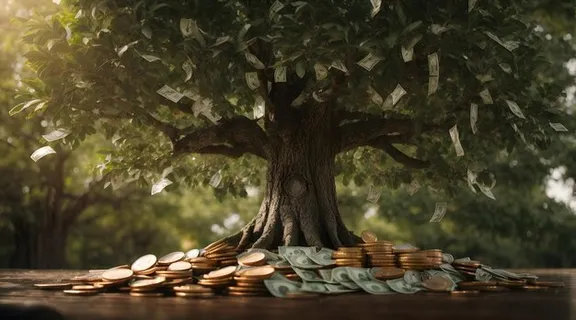 fallling money with golden tree on  golden background 