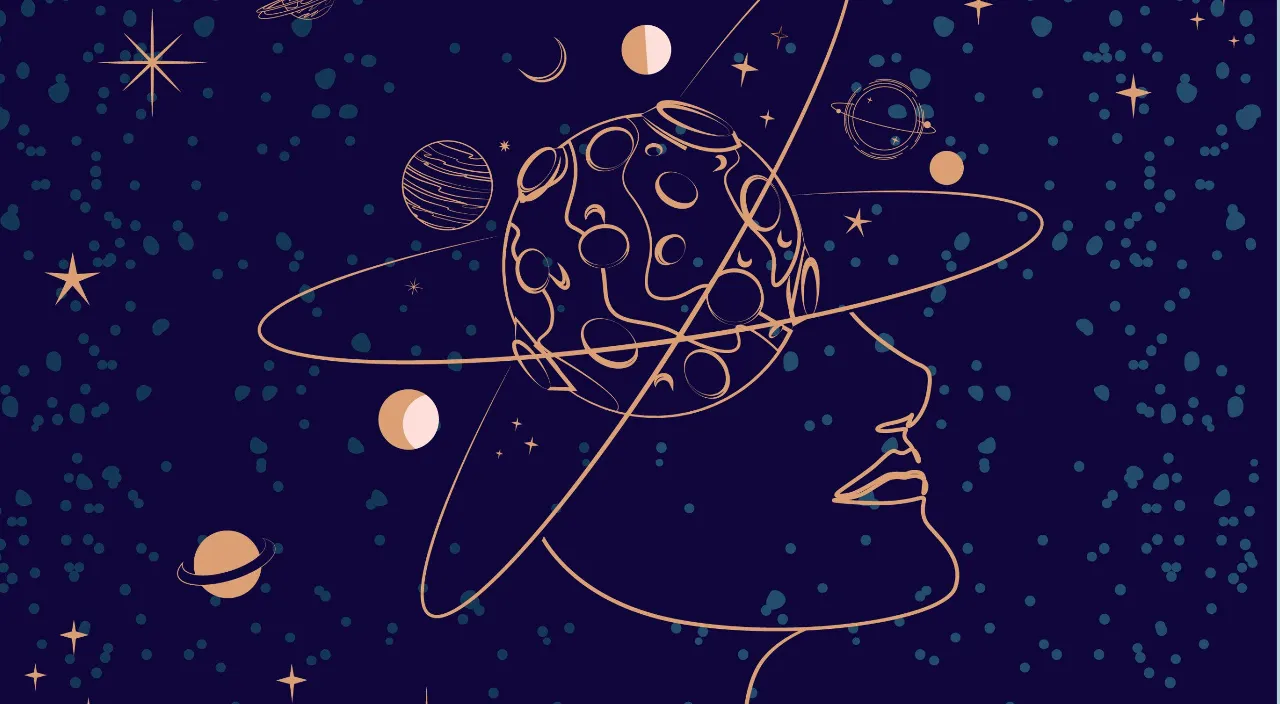 a drawing of a woman's face with planets in the background