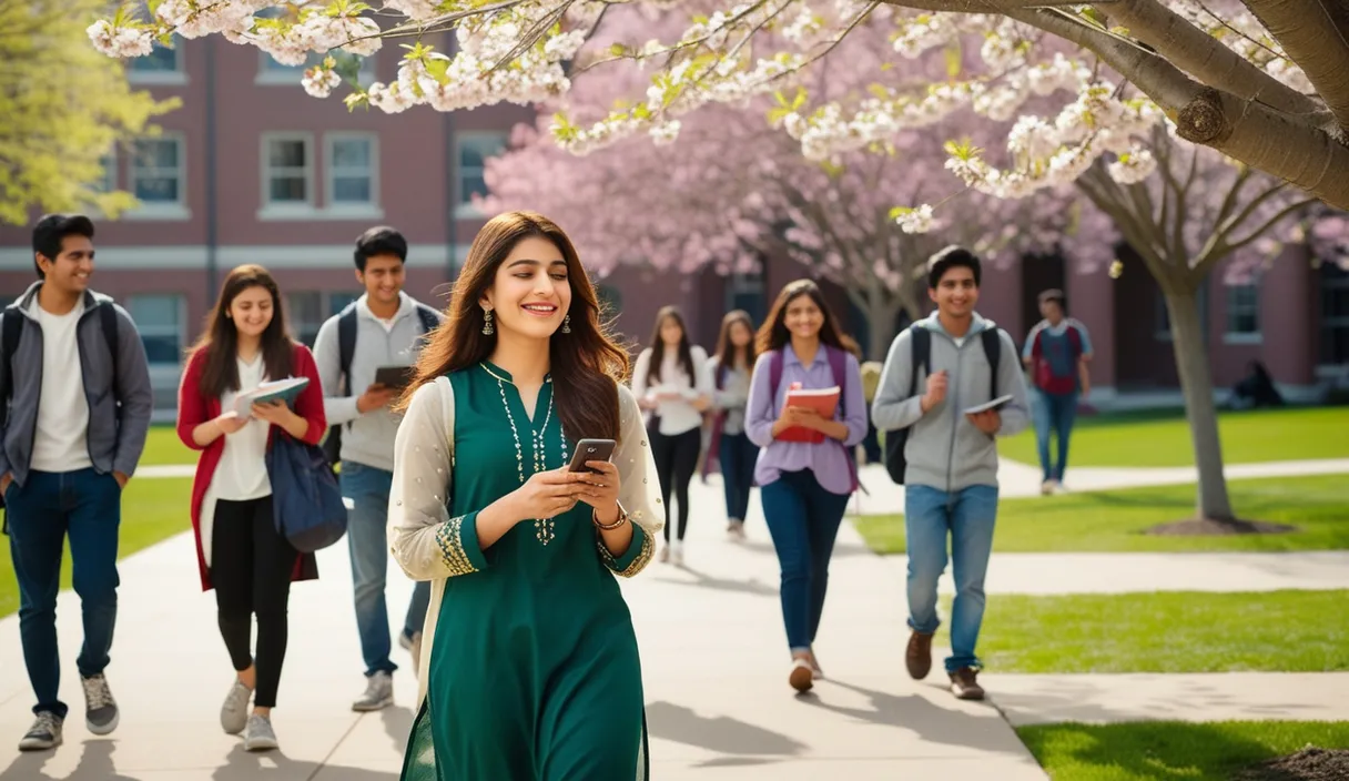 Campus Serenade: On a university campus, a Pakistani girl walking under a blossoming tree, a Bollywood song softly playing from her phone. The 4K wide shot captures students walking by and studying, but her smile and dreamy gaze reveal she is thinking about her boyfriend, who is attending a university in the United States, lost in her own romantic world.