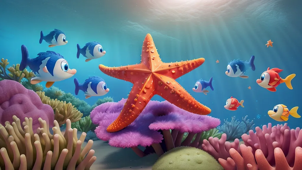 an underwater scene with a starfish, fish and corals and exploring the sea