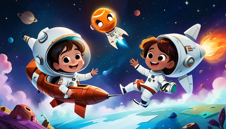 two children in space suits are flying through the air