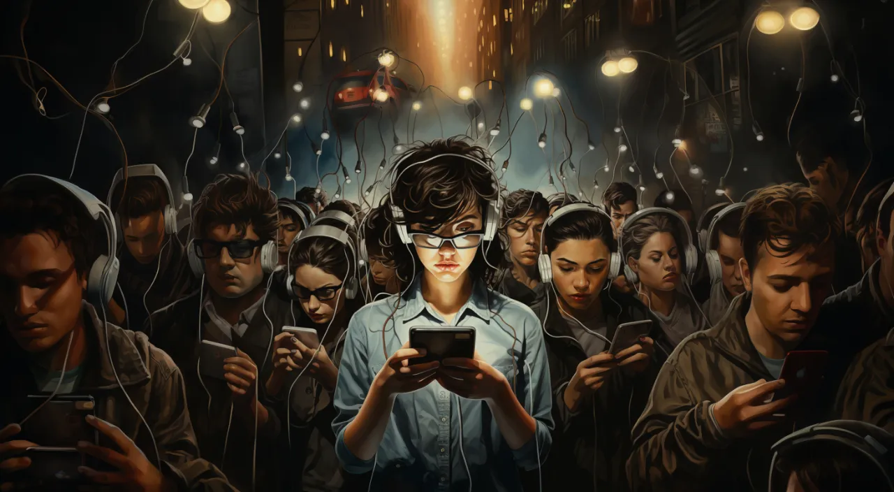 A diverse group of people staring at their phones and looking towards a particular figure in the center