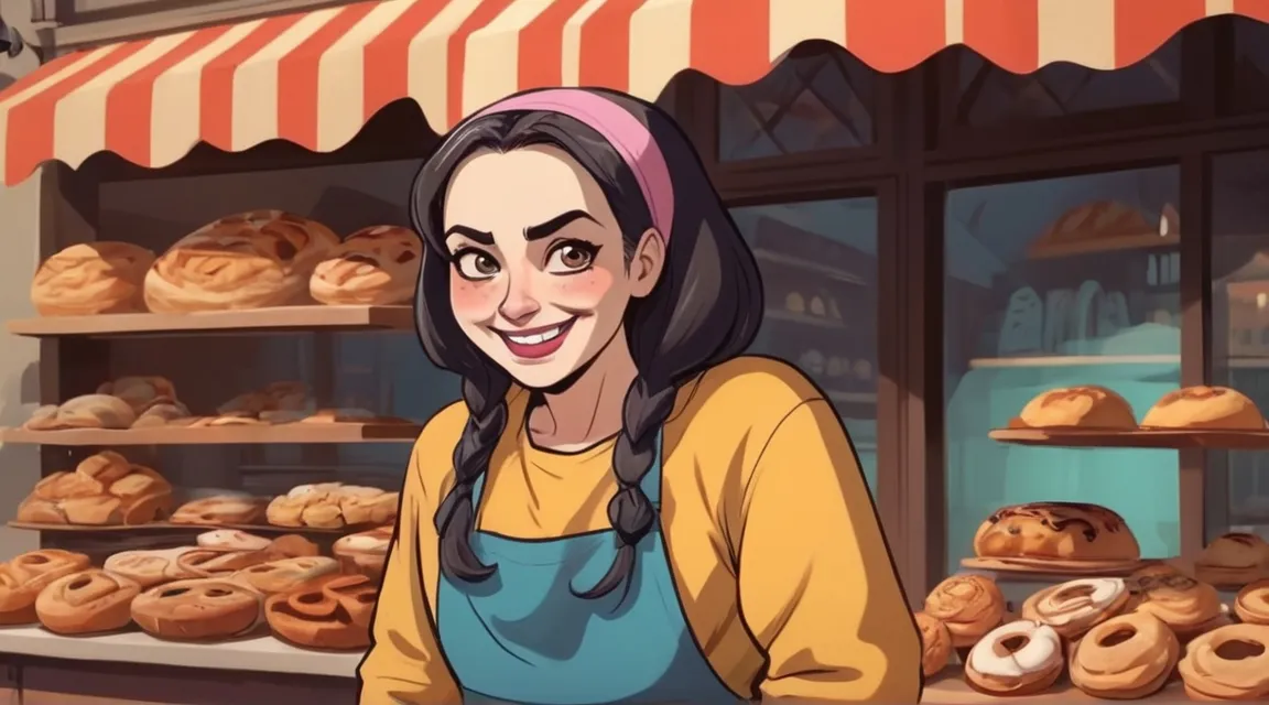 a woman standing with evil smile expressions in front of a bakery filled with donuts