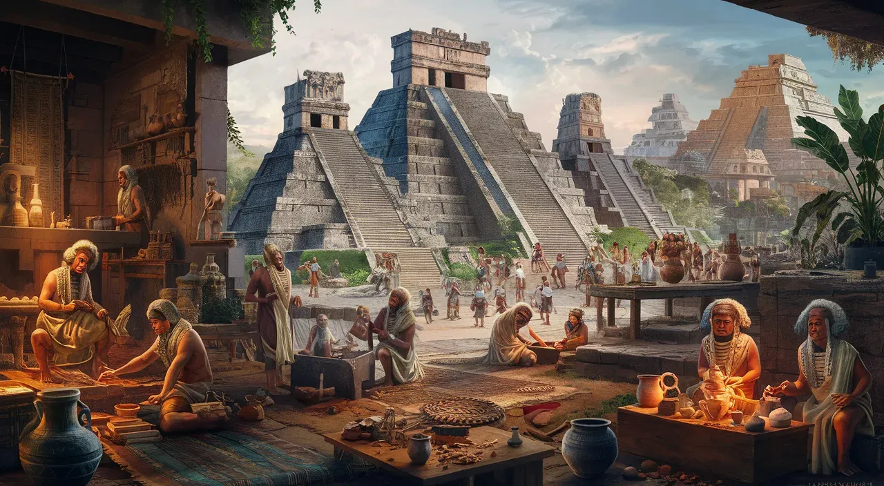 a painting of a group of people in front of a pyramid