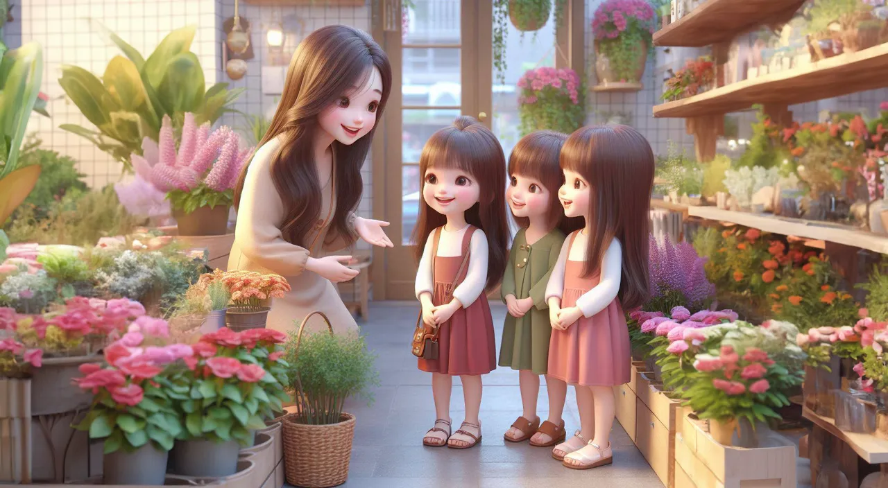 a group of little girls standing next to each other in a flower shop