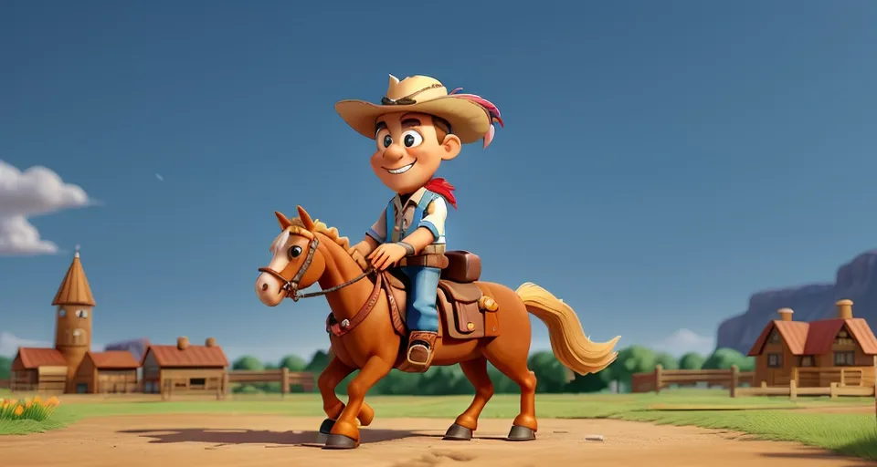 a cartoon character riding a horse on a dirt road