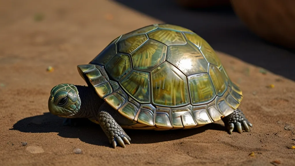 a small turtle sitting on top of a sandy ground