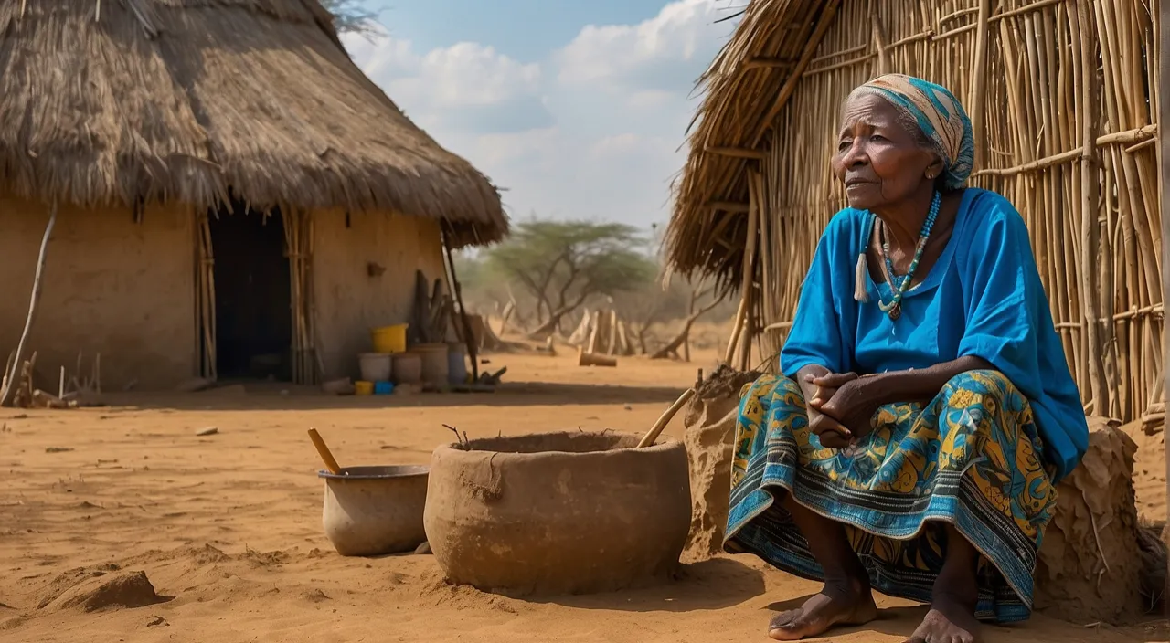 a woman sitting in front of a mud hut