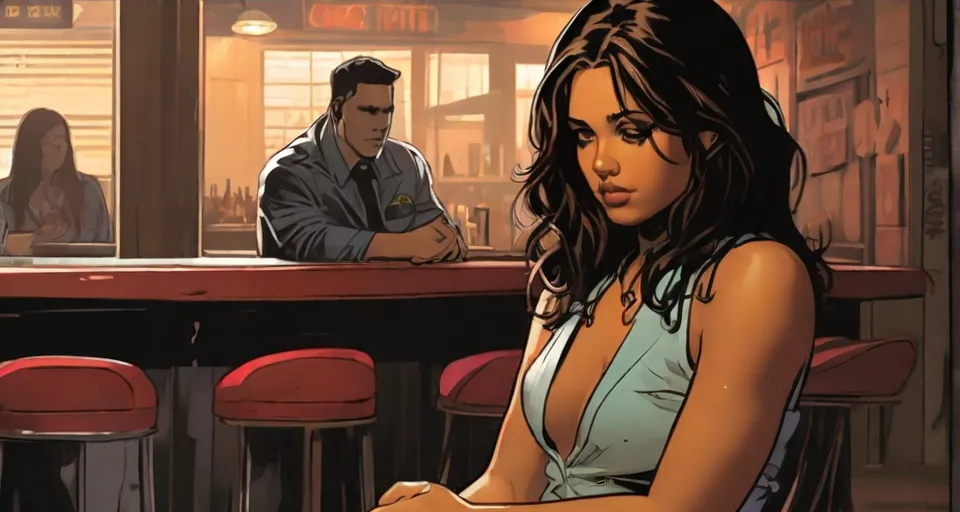 a woman sitting at a bar next to a man