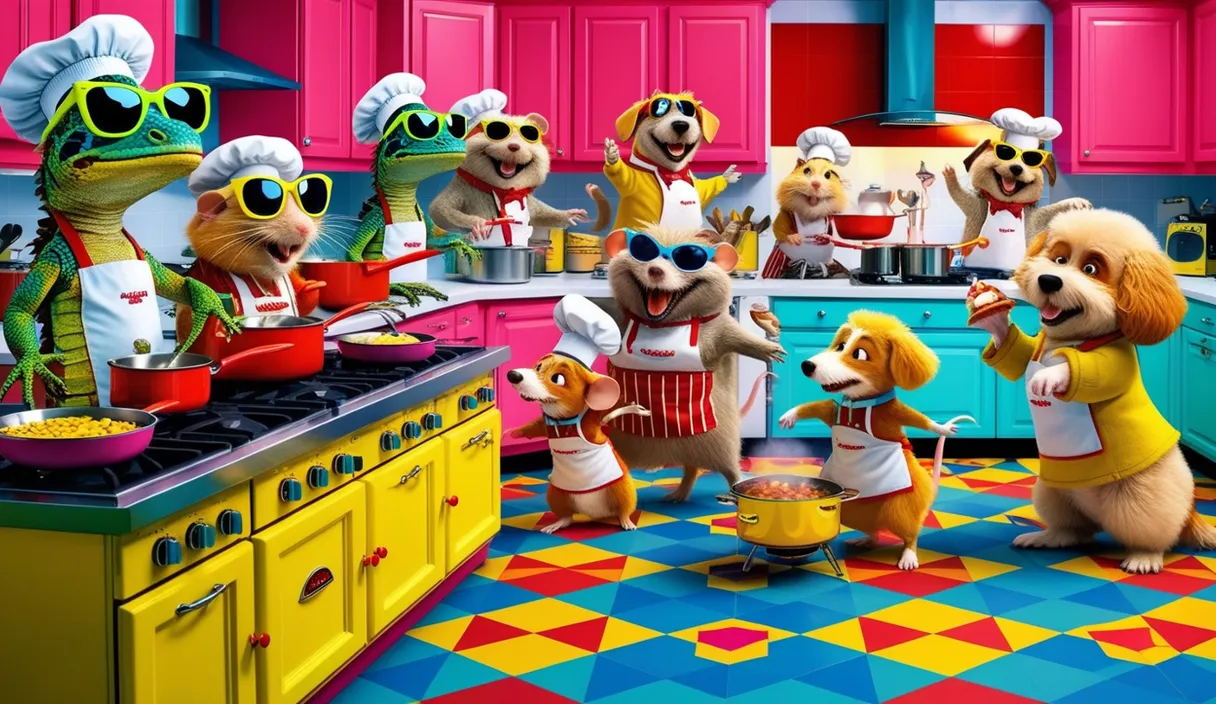 a group of cartoon dogs cooking in a kitchen