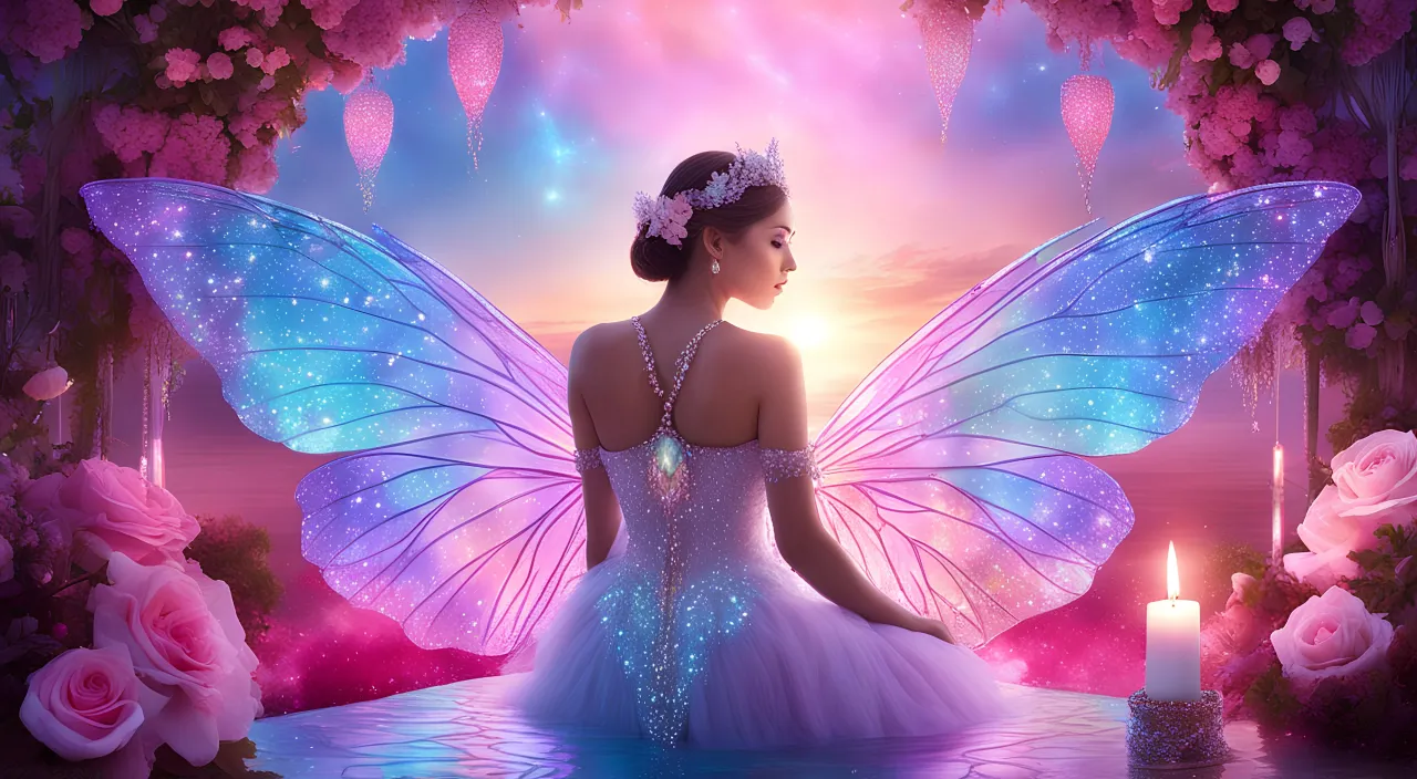 a woman in a white sparkling dress with fairy wings on her back sun rising in front of her with glowing lights