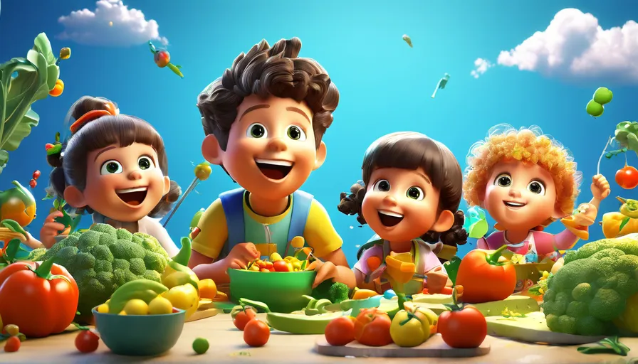 a group of children standing around a table full of vegetables