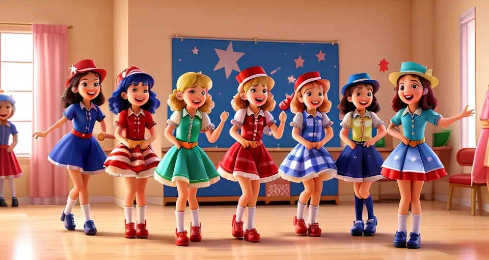 a group of girls dressed in costumes standing in a room