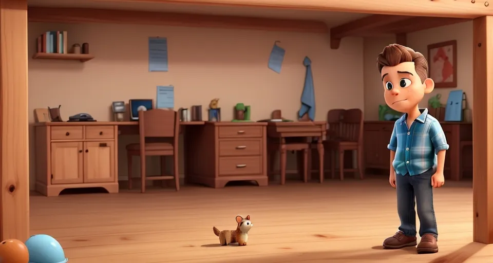 a boy standing in a room with a squirrel on the floor