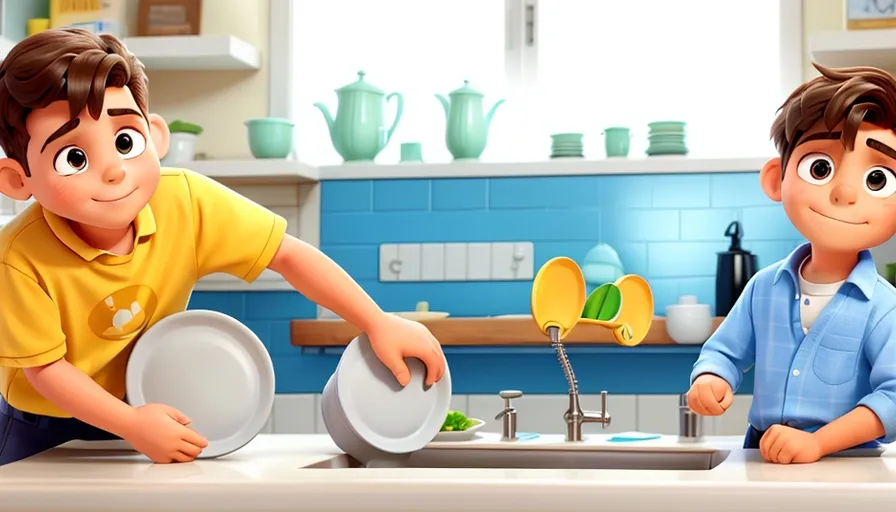 a boy and a boy washing dishes in a kitchen