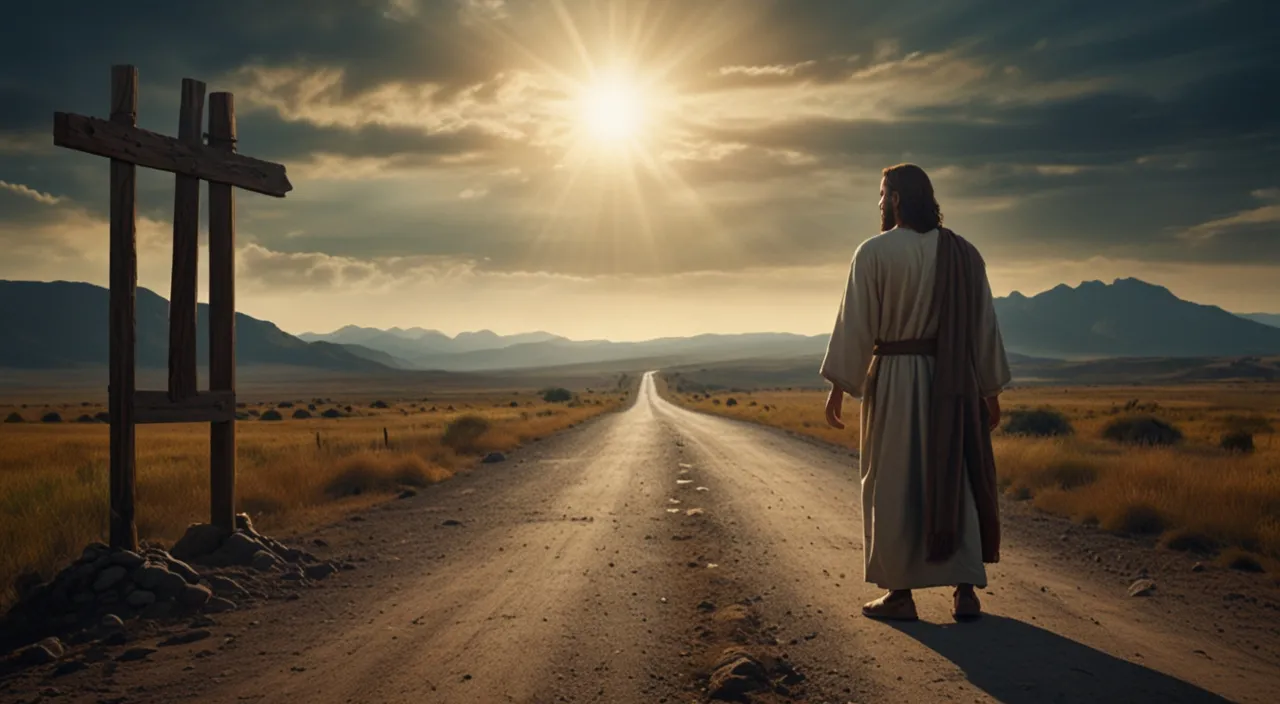 a person standing on a road with a cross in the middle of it