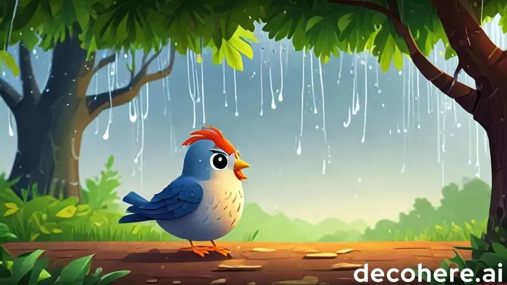 a blue bird standing in the rain under a tree