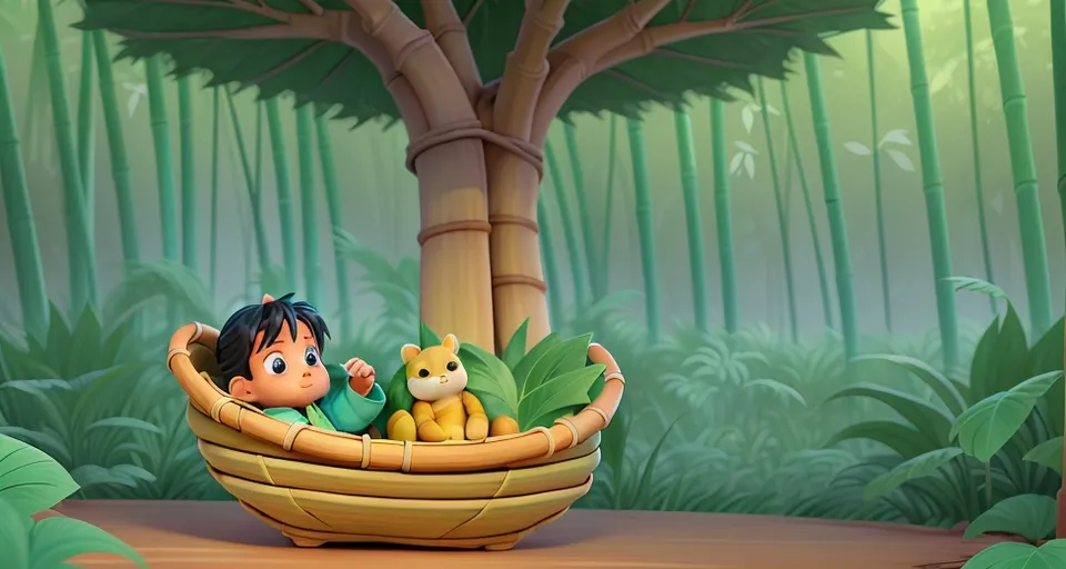 a boy sitting in a basket with a stuffed animal