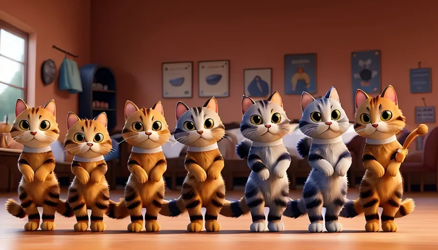 a group of cats that are standing in the middle of a room