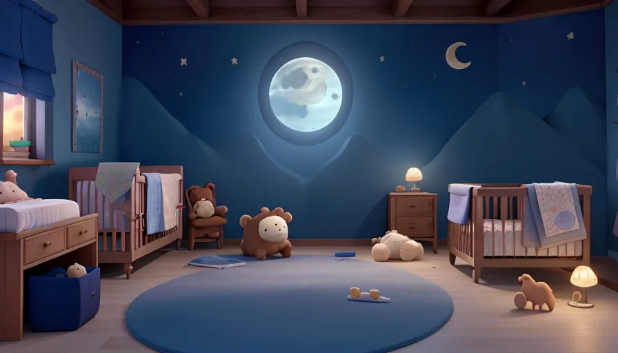 a child's room with a moon and mountains painted on the wall