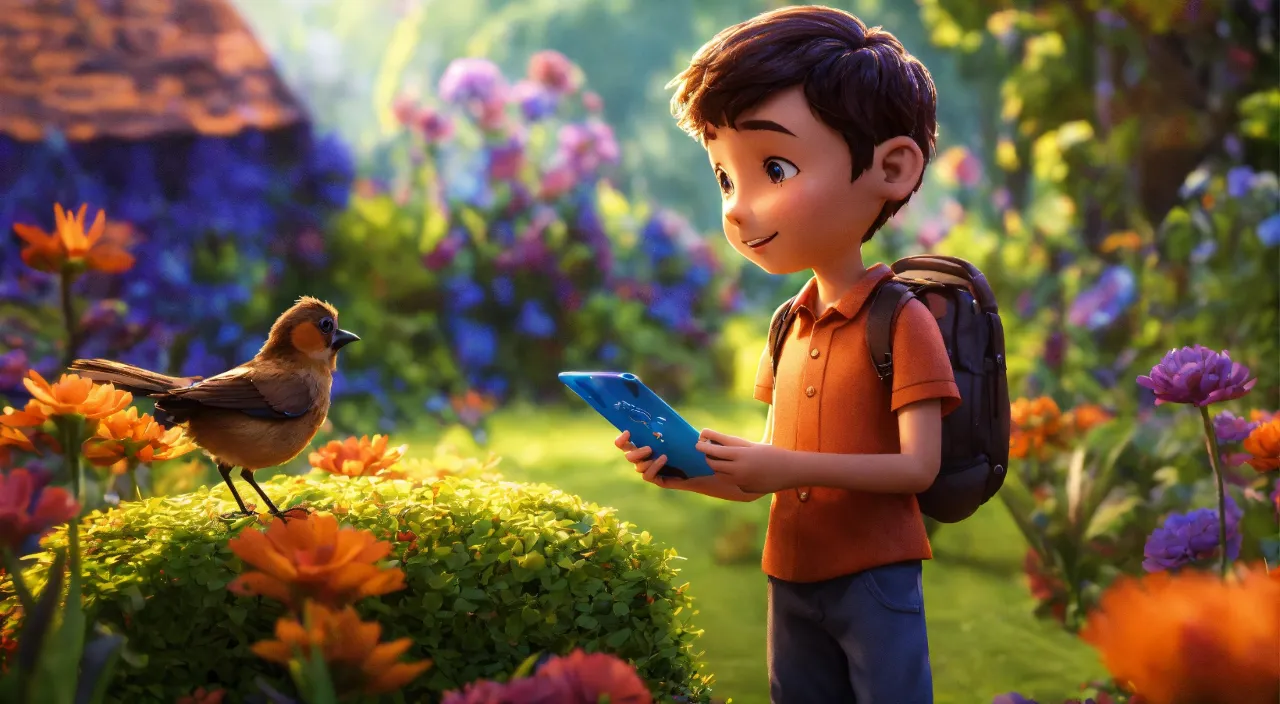 a young boy holding a tablet in a garden