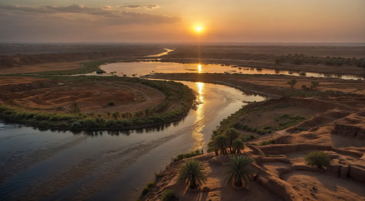 the sun is setting over a river in the desert