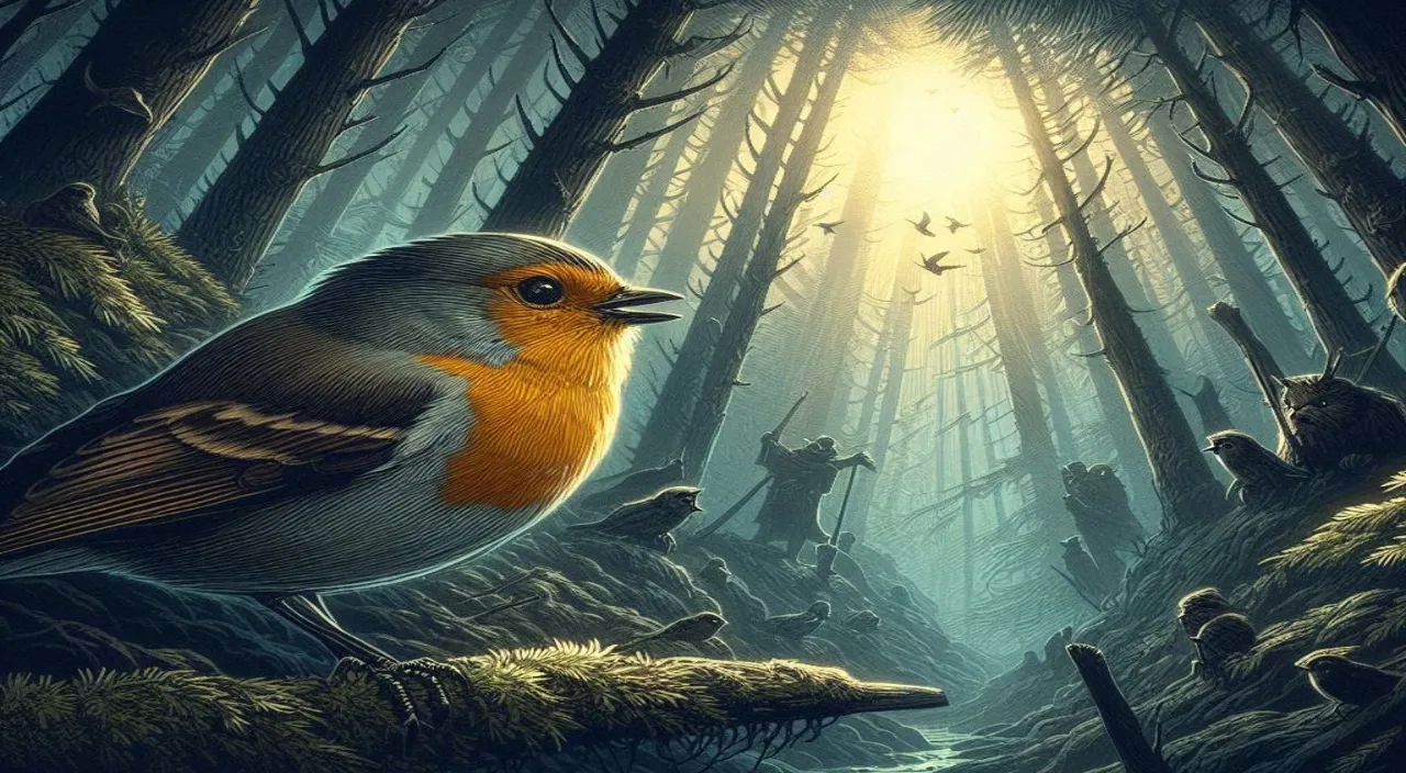 a painting of a bird in a forest