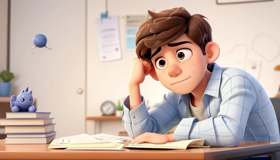 a boy sitting at a desk with a book in front of him