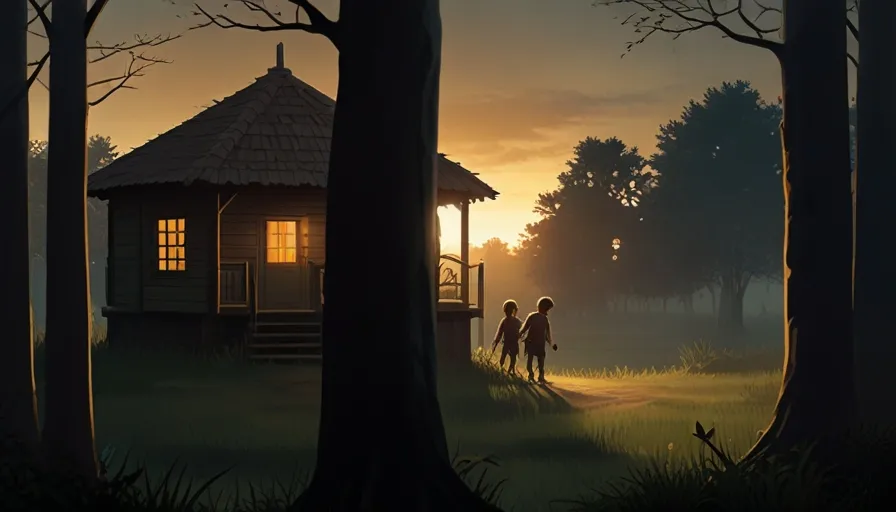 a painting of two children walking towards a cabin in the woods