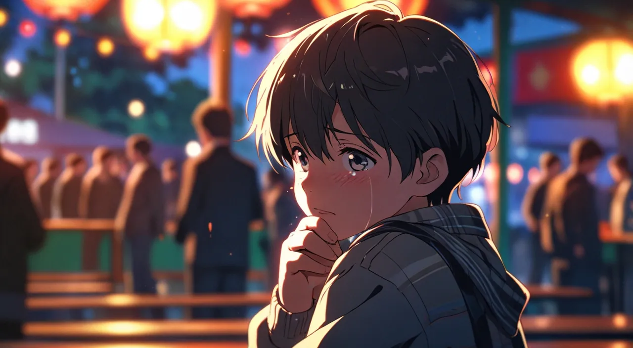 a little boy crying in front of a crowd in a big fair