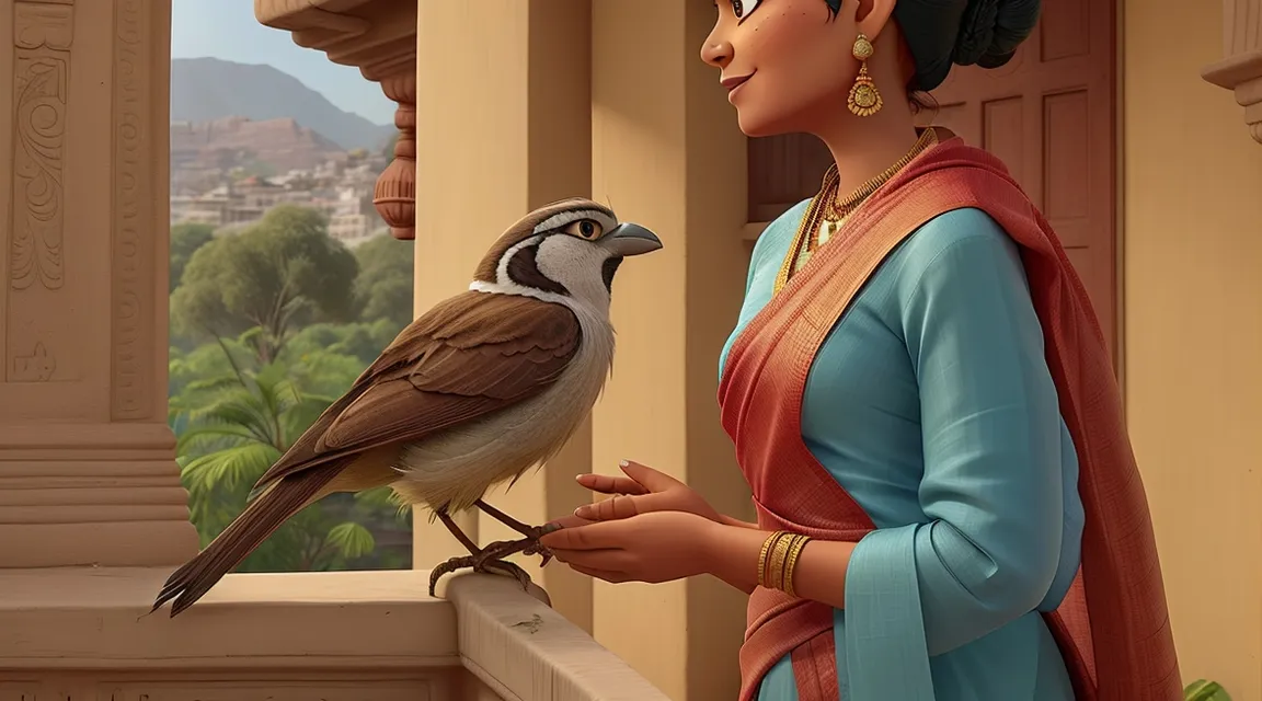 a woman standing next to a common house sparrow on a balcony, 3d animation