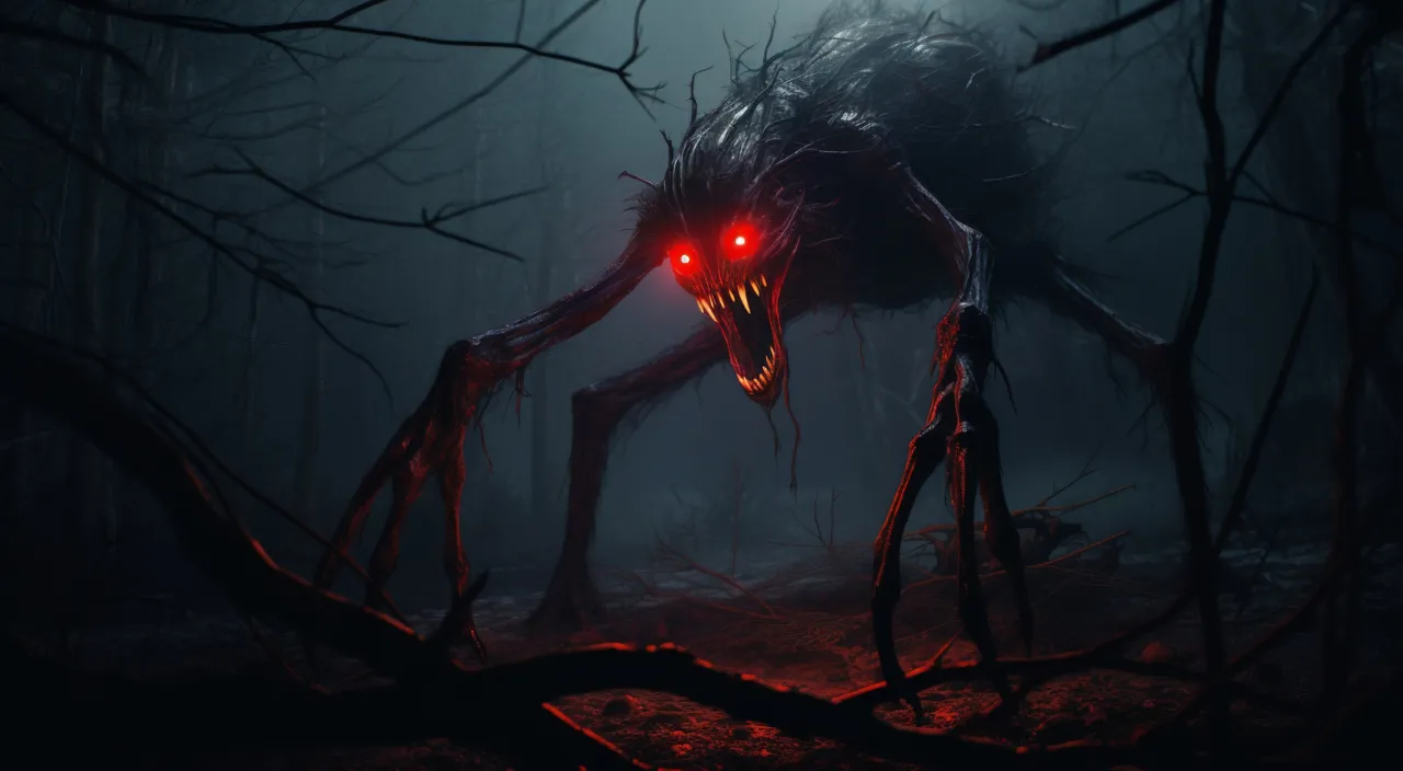 a creepy monster with red eyes in a dark forest WALKING TOWARD YOU OPENING ITS MOUTH REAL WIDE