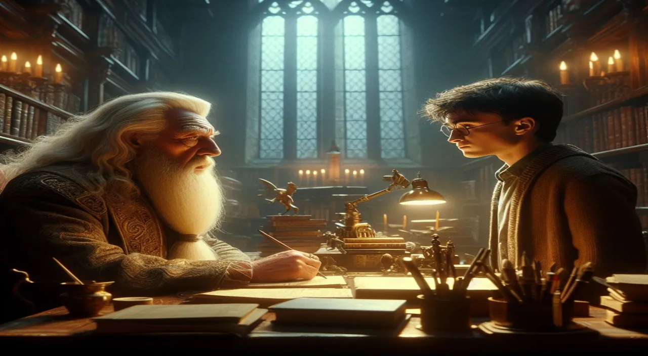 an image of an old man and a young man in a library