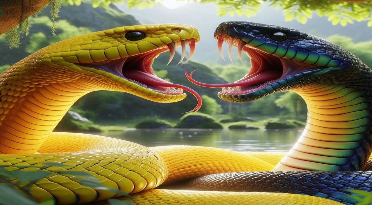 Detailed 3D rendering of the snakes, highlighting their vibrant colors, scales, and hood patterns. The camera captures their movements and expressions, emphasizing the eerie and tense atmosphere.