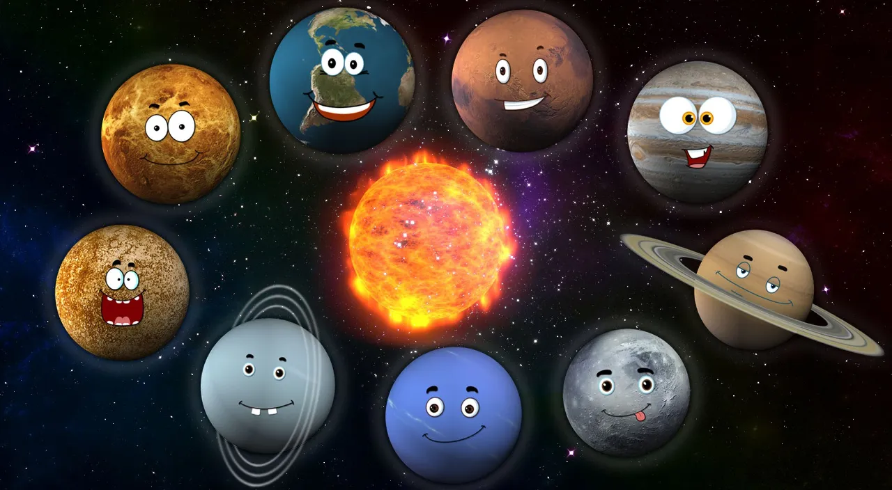 a group of planets with faces drawn on them