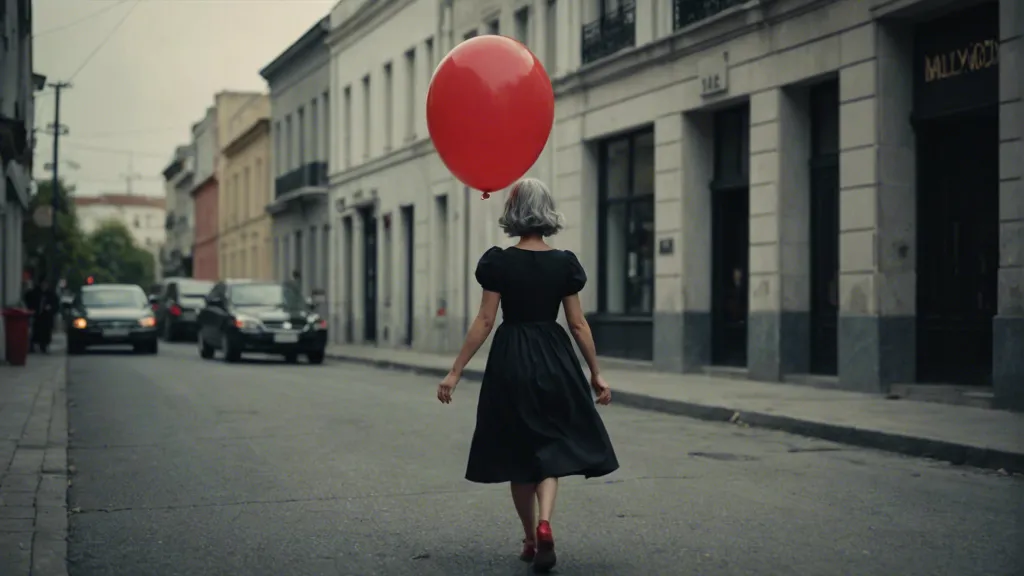 a woman walking down a street holding a red balloon