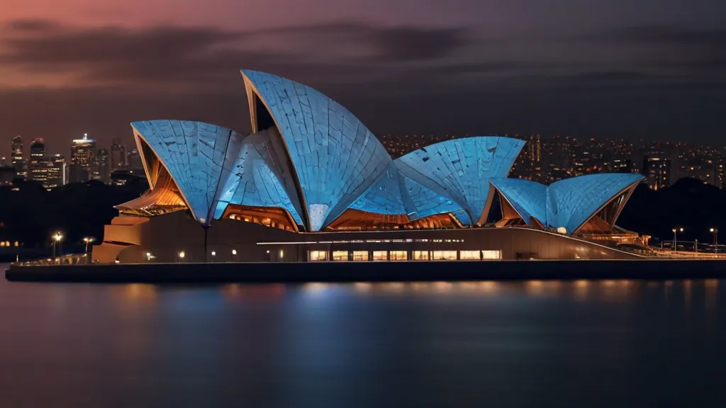 the sydney opera house lit up at night